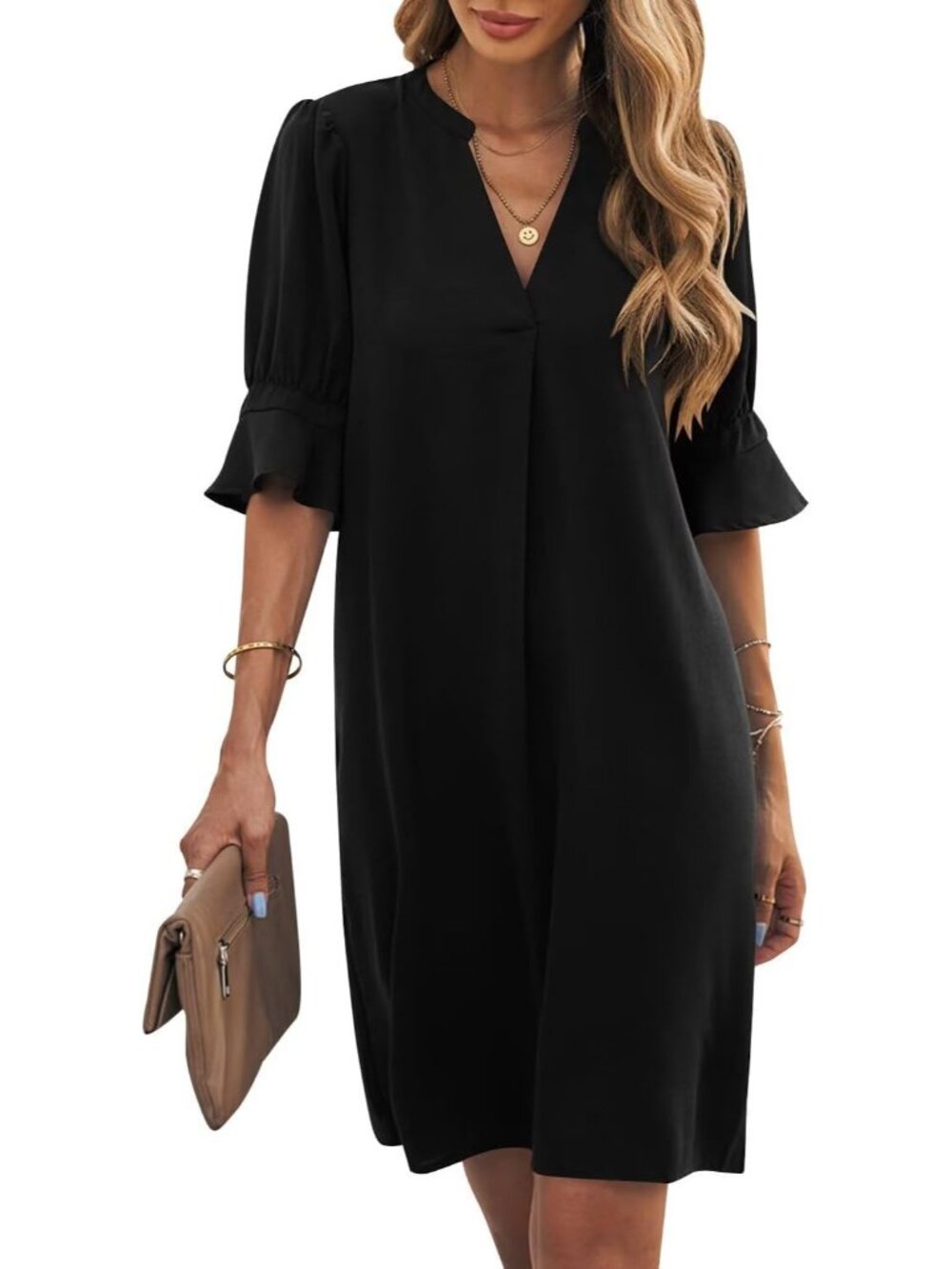 Shift Dress for Women V Neck Short Sleeves Solid Color Casual Flowy Summer Dress